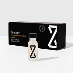 ZBiotics Pre-Alcohol Probiotic Drink 12-pack black box with single bottle in front