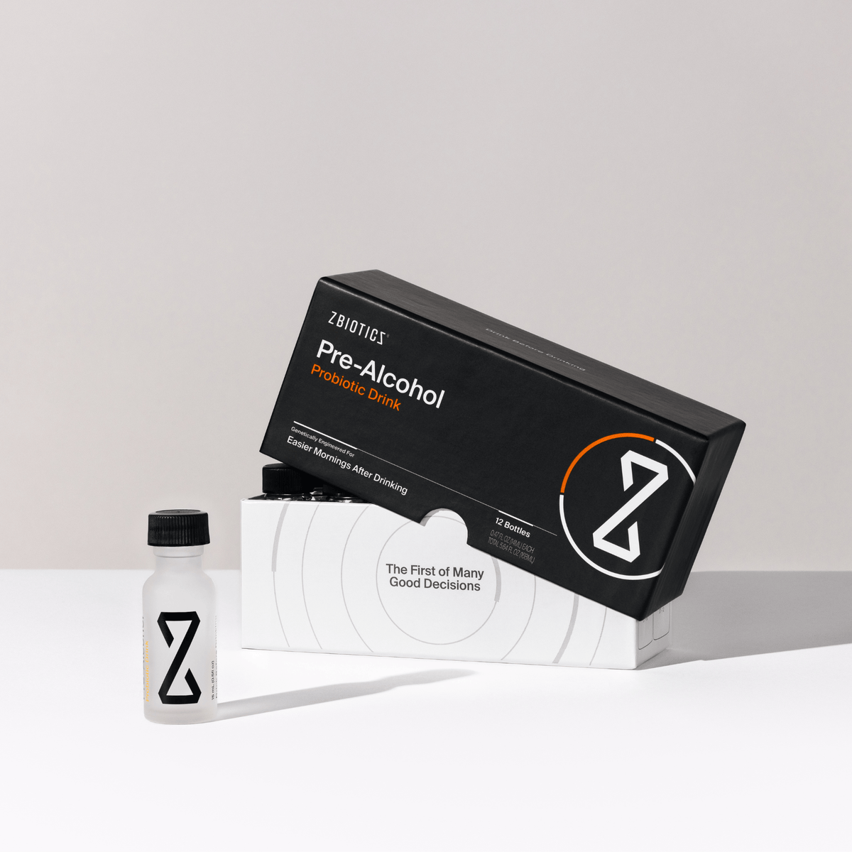 ZBiotics Pre-Alcohol Probiotic Drink 12-pack box with bottle 