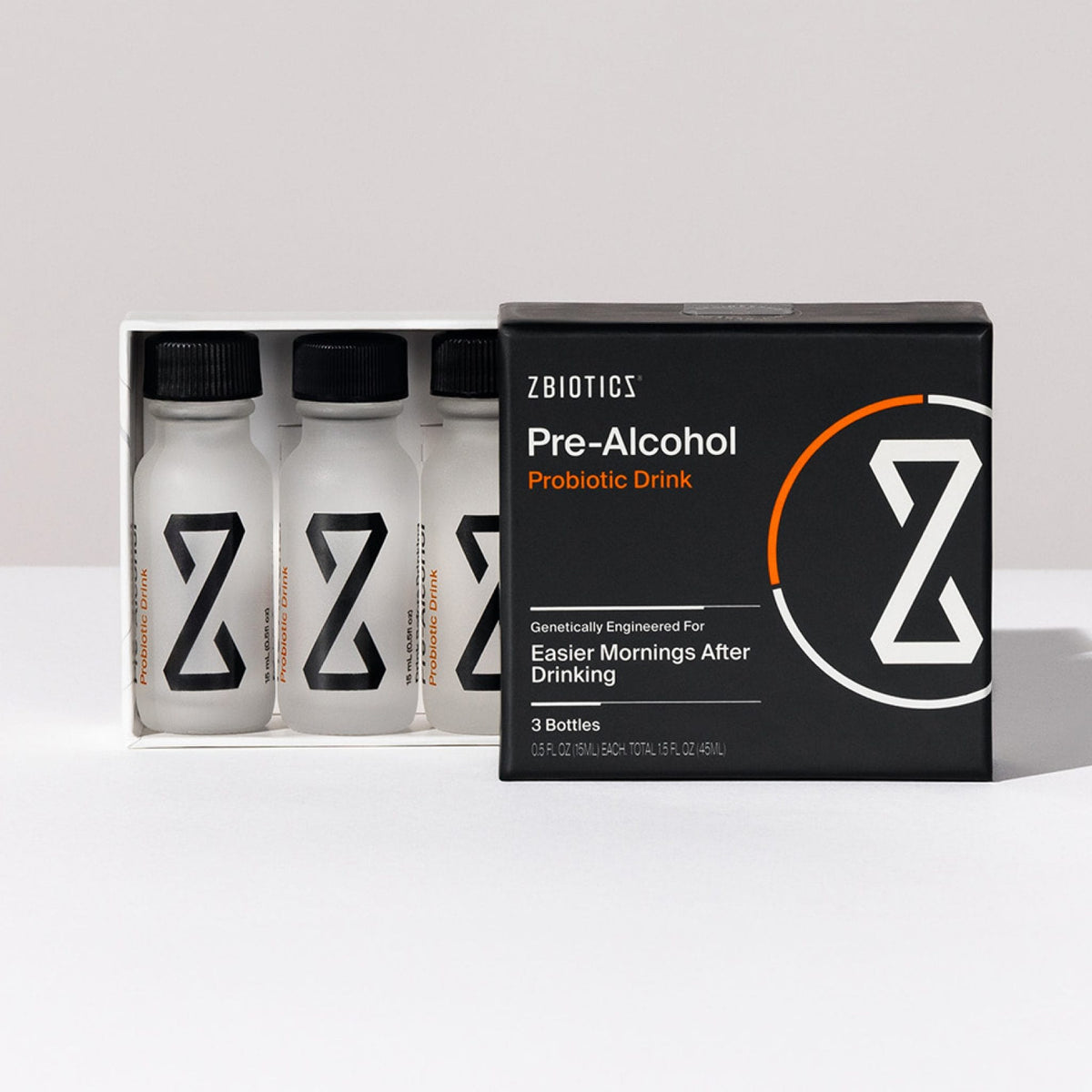ZBiotics Pre-Alcohol Probiotic Drink 3-pack box with three frosted bottles
