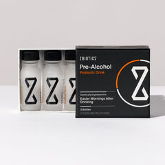 ZBiotics Pre-Alcohol Probiotic Drink 3-pack box with three frosted bottles
