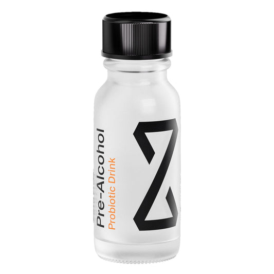 ZBiotics Pre-Alcohol Probiotic Drink single clear bottle with black cap angled view