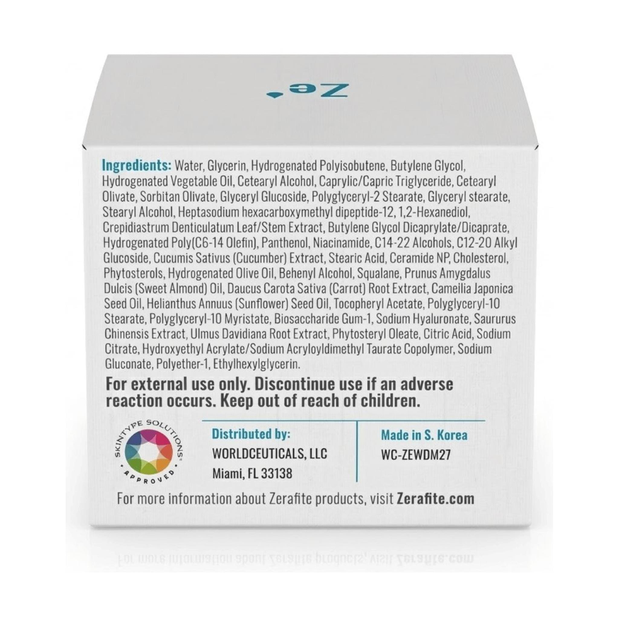 Zerafite Wrinkle Defense Barrier Cream box back showing full ingredient list, distributed by Worldceuticals LLC, made in South Korea