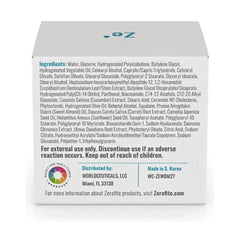 Zerafite Wrinkle Defense Barrier Cream box back showing full ingredient list, distributed by Worldceuticals LLC, made in South Korea
